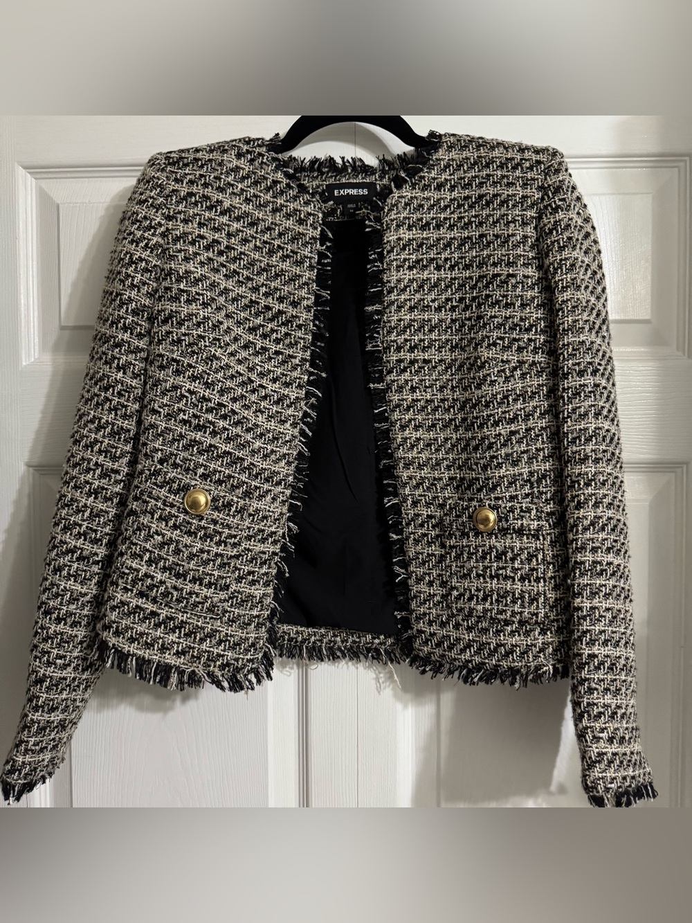 Express Black and Ivory Tweed Fringe Blazer with Gold Buttons